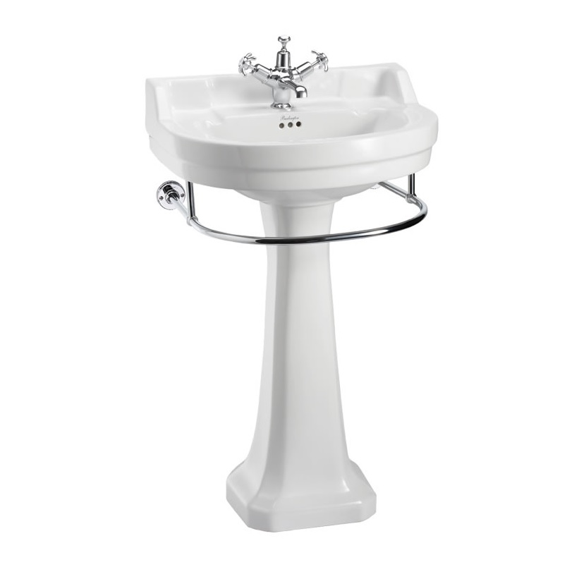 Edwardian round 56cm basin, towel rail and regal pedestal B6 T4 CHR P9